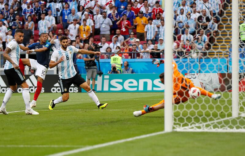 Kylian Mbappe scores for France against Argentina at the 2018 World Cup in Russia. AP