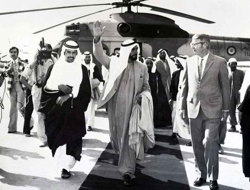 Sheikh Zayed arrives on Das Island for the inauguration of the construction of the liquefied natural gas plant of Abu Dhabi Gas Liquefaction Company on December 3, 1973.