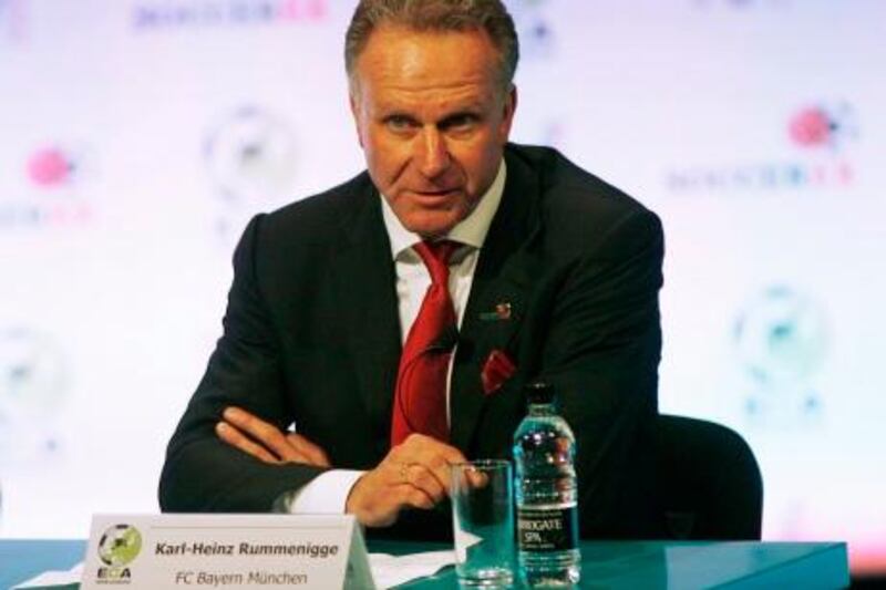 Bayern Munich Chairman Karl-Heinz Rummenigge speaks at an European Club Association news conference during the Soccerex European Forum in Manchester March 2, 2010. REUTERS via Action Images/Craig Brough
(BRITAIN - Tags: SPORT SOCCER) NO ARCHIVES. FOR EDITORIAL USE ONLY. NOT FOR SALE FOR MARKETING OR ADVERTISING CAMPAIGNS. MAGAZINES OUT. NOT FOR SALE TO MAGAZINE PUBLISHERS. NO ARCHIVES. NO SALES. UNITED KINGDOM OUT. NO COMMERCIAL OR EDITORIAL SALES IN UNITED KINGDOM *** Local Caption ***  SIN78_SOCCER-_0302_11.JPG