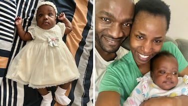 Premature baby Shaniqua Eve Mukasa at her parents' home in Dubai and with her mother Winnie and father Edgar. Photo: Supplied.