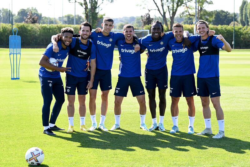 Chelsea's Ben Chilwell, Kai Havertz, Mason Mount, Trevoh Chalobah, Cesar Azpilicueta, Reece James and Conor Gallagher celebrate winning a mini tournament during a training session in Cobham, England. All photos Getty Images