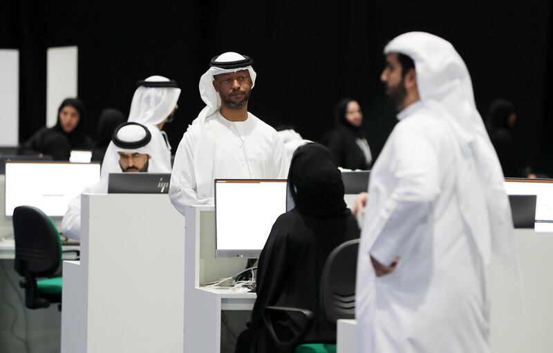 ABU DHABI,  UNITED ARAB EMIRATES , OCTOBER 3 – 2019 :- Residents registering to cast their votes for the FNC elections held at the ADNEC in Abu Dhabi. ( Pawan Singh / The National ) For News. Story by Haneen