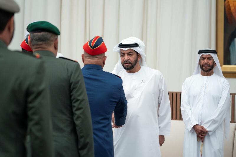 ABU DHABI, UNITED ARAB EMIRATES - October 02, 2019: HH Sheikh Hamdan bin Zayed Al Nahyan, Ruler’s Representative in Al Dhafra Region (2nd R), receives mourners who are offering condolences on the passing of the late Suhail bin Mubarak Al Ketbi, at Al Mushrif Palace. Seen with HH Sheikh Suroor bin Mohamed Al Nahyan (2nd R).

( Mohamed Al Hammadi / Ministry of Presidential Affairs )
---