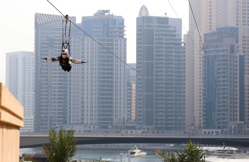 Dubai, United Arab Emirates - Reporter: N/A. Lifestyle. Marwa Makki is one of the first people to come down the XLine Dubai in the Marina after re opening due to Covid-19. Wednesday, June 2nd, 2020. Dubai. Chris Whiteoak / The National