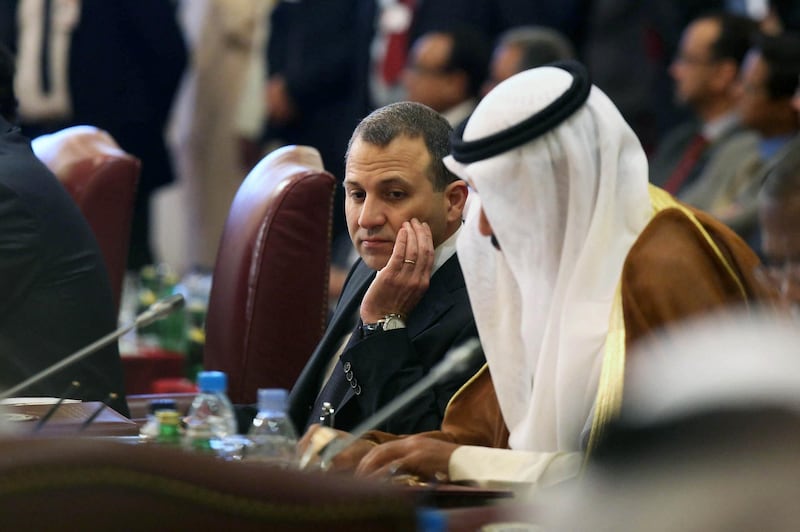 Lebanese Foreign Minister Gebran Bassil (C) attends the opening session of the Arab League Foreign Ministers' meeting in Kuwait City on March 23, 2014 ahead of the annual Arab League summit. The Arab League, whose annual summit opens in Kuwait on March 25, represents over 370 million people in 22 countries, including Syria which was suspended in 2011 over its brutal response to protests. AFP PHOTO/YASSER AL-ZAYYAT (Photo by YASSER AL-ZAYYAT / AFP)