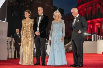 From left, Catherine, Duchess of Cambridge; Prince William, Duke of Cambridge; Camilla, Duchess of Cornwall; and Prince Charles, Prince of Wales attend the 'No Time to Die' world premiere at Royal Albert Hall on September 28, 2021 in London. Getty Images