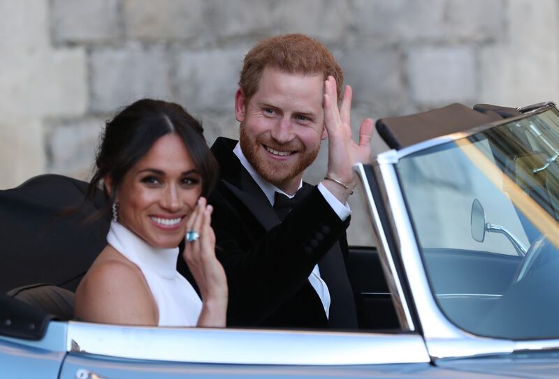 Meghan and Prince Harry head to their evening wedding reception at Frogmore House. Getty