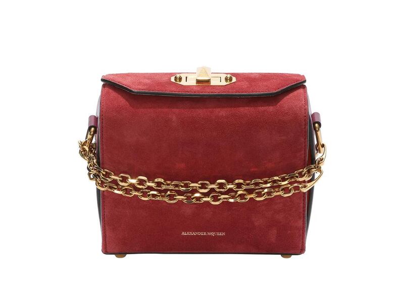 Available in two sizes, a small 16-centimetre version and a medium-sized 19cm version, the Box Bag is offered in a variety of finishes, including leather, suede and stamped crocodile print. Courtesy Alexander McQueen