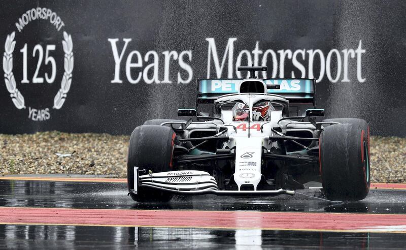 HOCKENHEIM, GERMANY - JULY 28: Lewis Hamilton of Great Britain driving the (44) Mercedes AMG Petronas F1 Team Mercedes W10 with a broken front wing after crashing during the F1 Grand Prix of Germany at Hockenheimring on July 28, 2019 in Hockenheim, Germany. (Photo by Mark Thompson/Getty Images)