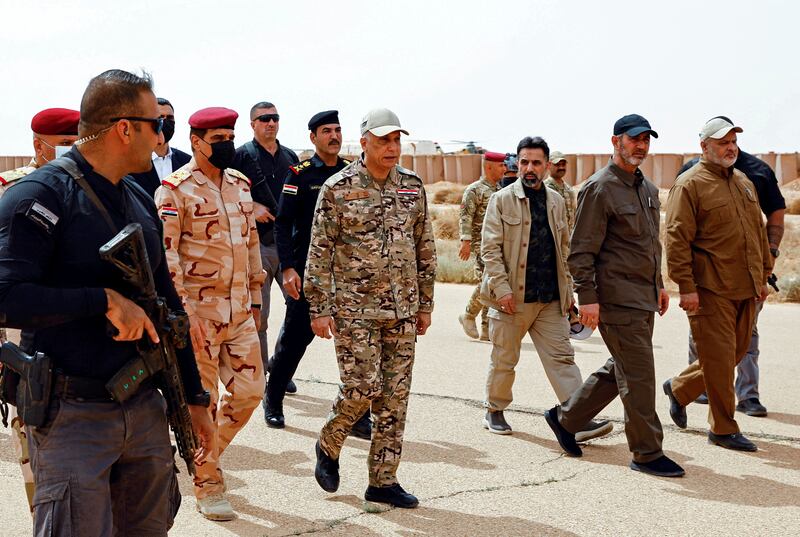 Iraq's Prime Minister Mustafa Al Kadhimi arrives to supervise the "Solid Will" military operation against ISIS in the western region of Anbar, Iraq. 