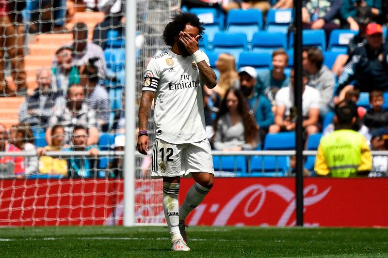 Real Madrid's Brazilian defender Marcelo reacts after Real Betis scored a second goal. AFP