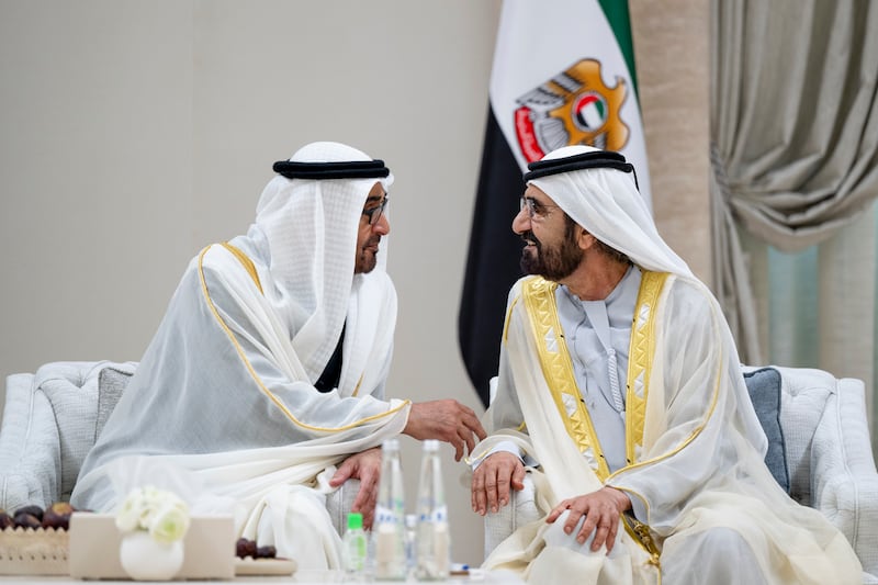 President Sheikh Mohamed speaks with Sheikh Mohammed bin Rashid, Vice President, Prime Minister and Ruler of Dubai, at the reception. Photo: Abdulla Al Bedwawi / UAE Presidential Court