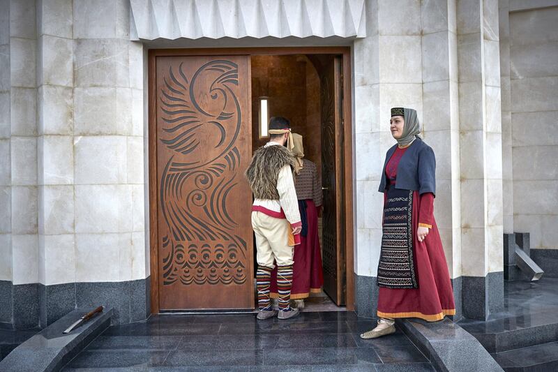 AKNALICH, ARMENIA - APRIL 14: Armenians enter the Quba Mere Diwane Temple, the worldÕs largest Yazidi Temple, on April 14, 2021 in Aknalich, Armenia. According to the 2011 census, there are 35,272 Yazidis in Armenia, making them Armenia's largest ethnic minority group. Photo by Kiran Ridley