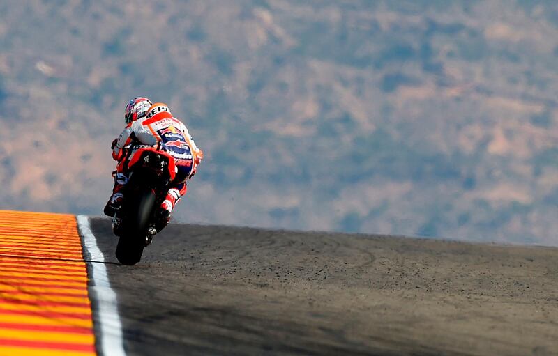Repsol Honda's Spanish rider Marc Marquez rides during the MotoGP first free practice of the Aragon Grand Prix at the Motorland racetrack in Alcaniz. AFP