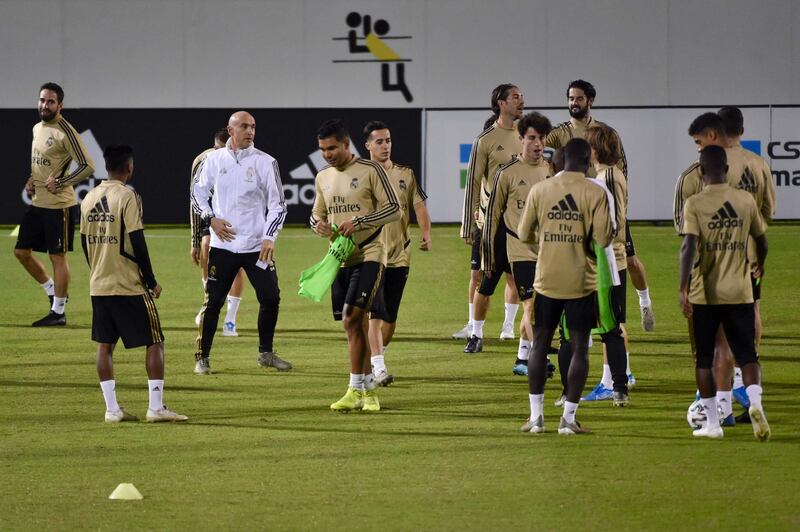 Real Madrid players attend a training session on the eve of the Spanish Super Cup final. AFP
