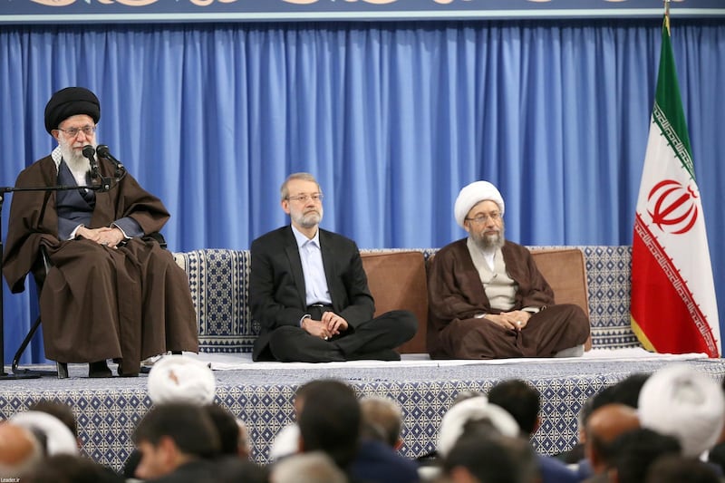 epa06668426 A handout photo made available by the supreme leader official website shows Iranian supreme leader Ayatollah Ali Khamenei (L) delivers speech to the crowds as Iranian Parliament speaker Ali Larijani (C) and Iranian judiciary head Sadegh Larijani listen, during a ceremony in Tehran, Iran, 14 April 2018. Reports state Khamenei said that the presidents of US and France and the Prime Minister of the UK are 'criminals', after the three countries bombed multiple government targets in Syria in an operation targeting alleged chemical weapons sites.  EPA/IRANIAN LEADER OFFICE HANDOUT  HANDOUT EDITORIAL USE ONLY/NO SALES
