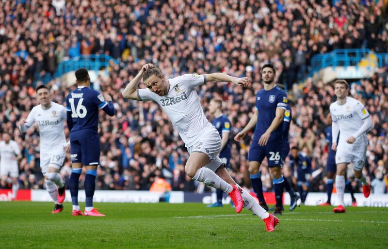 Soccer Football - Championship - Leeds United v Huddersfield Town - Elland Road, Leeds, Britain - March 7, 2020  Leeds Uniteds Luke Ayling celebrates scoring their first goal  Action Images/Ed Sykes  EDITORIAL USE ONLY. No use with unauthorized audio, video, data, fixture lists, club/league logos or "live" services. Online in-match use limited to 75 images, no video emulation. No use in betting, games or single club/league/player publications.  Please contact your account representative for further details.