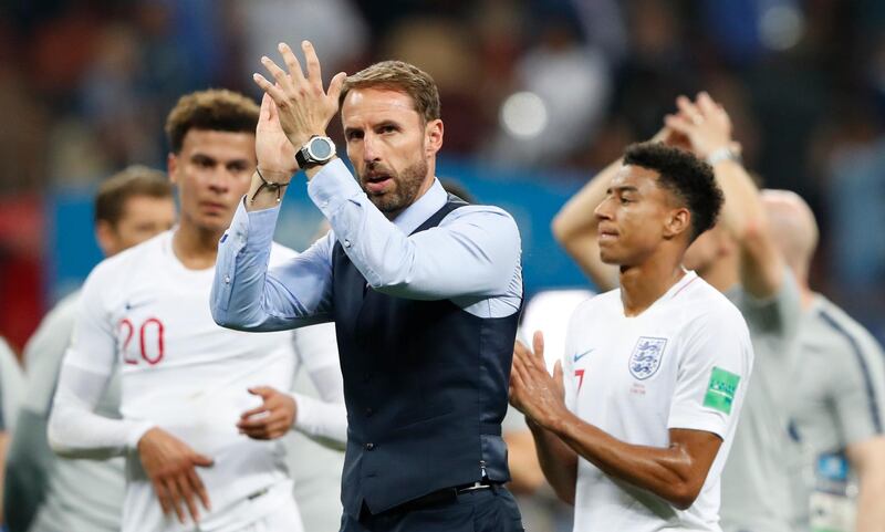 England head coach Gareth Southgate walks the field at the end of the semifinal match between Croatia and England at the 2018 soccer World Cup in the Luzhniki Stadium in Moscow, Russia, Wednesday, July 11, 2018. (AP Photo/Rebecca Blackwell)