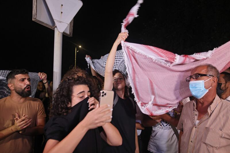 Palestinians in Nazareth chant slogans in support of the inmates who escaped from the high-security Israeli jail. AFP
