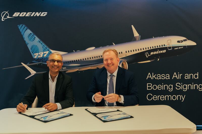 Boeing and India's Akasa Air signed an agreement for 72 737 Max aircraft, valued at nearly $9 billion at list prices. Photo: Boeing and Akasa