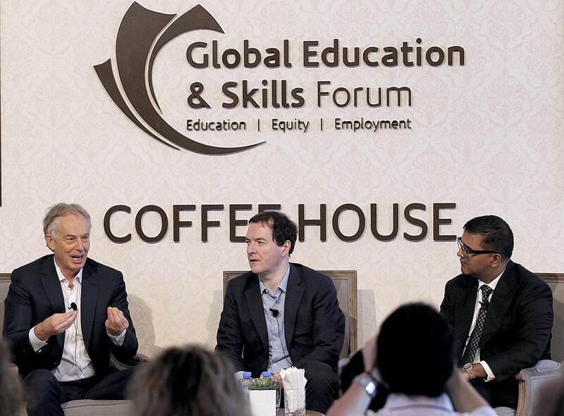 Dubai, March 18, 2018: (L) Tony Blair, former British Prime Minister gestures during the GESF Education Forum in Dubai. Satish Kumar for the National/ Story by James Langton