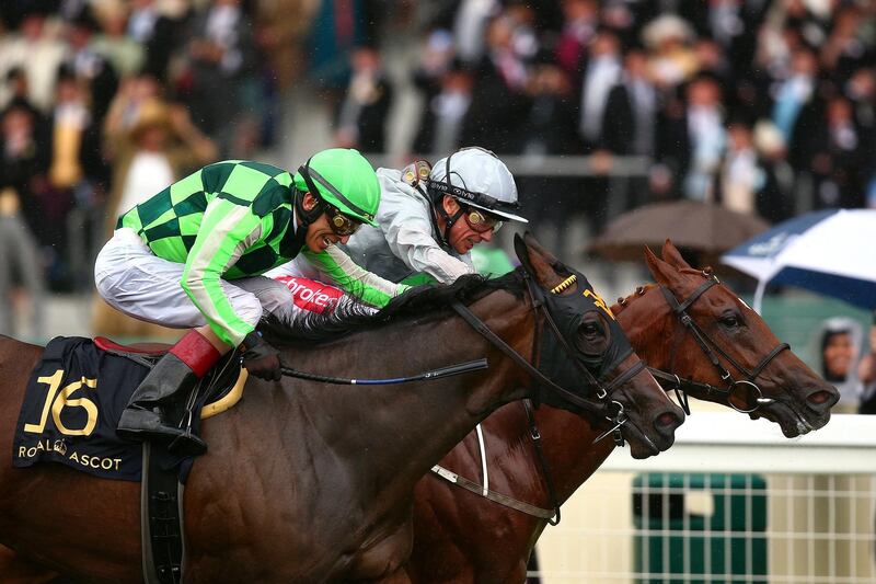 Frankie Dettori rides Raffle Prize to win The Queen Mary Stakes ahead of John Velazquez on Kimari. Getty Images