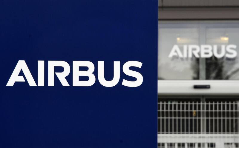 (FILES) This file photo taken on March 7, 2018 shows the logo of European aircraft manufacturer Airbus outside entrance of the site of Airbus' Wings Campus in Blagnac.. European aviation giant Airbus on April 29, 2020 reported a first quarter net loss of 481 million euros (521,800,000 USD) under the impact of the coronavirus crisis. / AFP / PASCAL PAVANI
