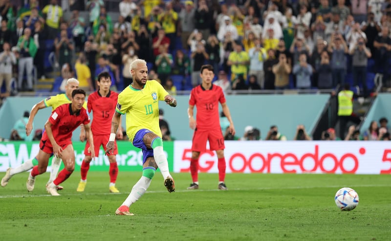 Neymar scores from the spot for Brazil. Getty