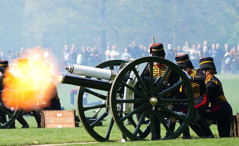 The King's Troop Royal Horse Artillery fire one of the 41 guns at Hyde Park. PA