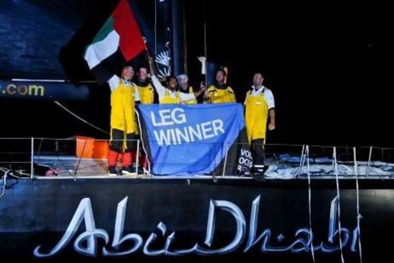 Abu Dhabi Ocean Racing's crew members celebrate a much-wanted win in the race.