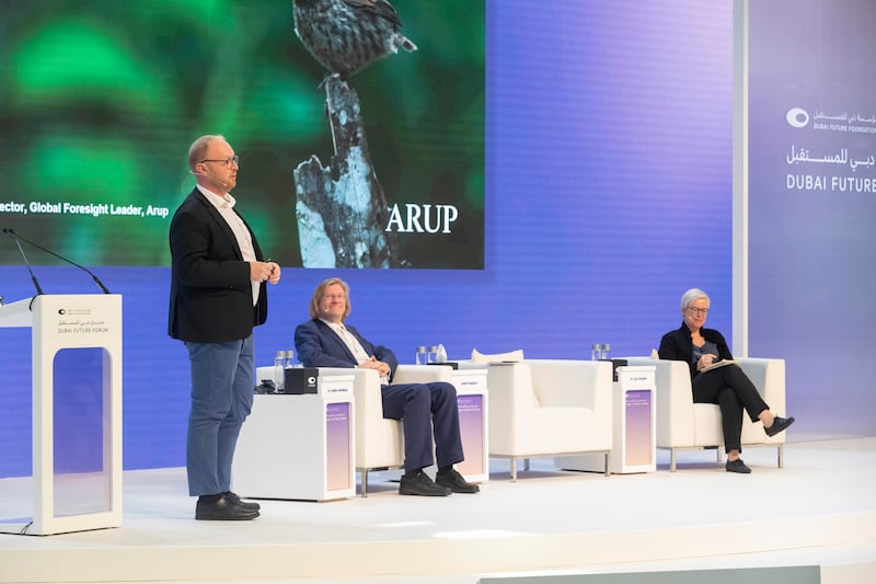 Left to right, Dr Anders Sandberg, a Swedish researcher; Josef Hargrave, director at Arup, an engineering consultancy; and moderator Dr Lucy Kimbal at a panel discussion on the biggest existential risk that humanity faces today.