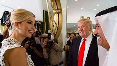 From left, Ivanka Trump, Donald Trump and Damac Properties founder Hussain Sajwani attend a launch event in Dubai to announce the Trump International Golf Club. Duncan Chard for The National