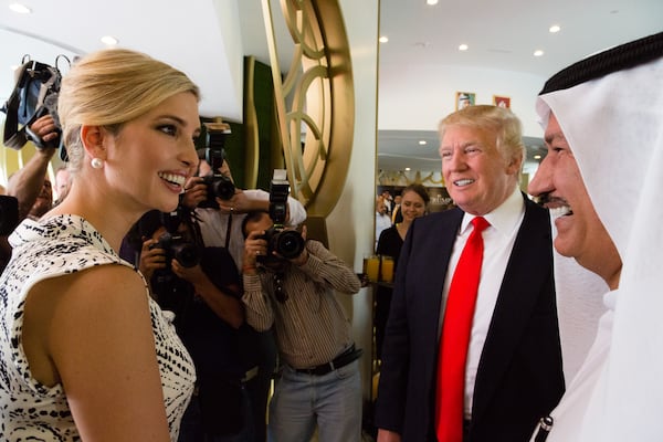 Media scrum. (L) Ivanka Trump, Donald Trump and (R) Hussain Sajwani. Press conference hosted by DAMAC chairman Hussain Sajwani to present Donald Trump and daughter Ivanka Trump on their visit to the UAE to inspect the Akoya site. The Akoya sales office , Dubai. Duncan Chard for the national.