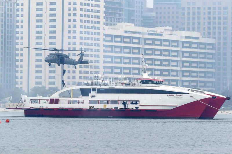 All branches of the Armed Forces participated, including the Quick Reaction Force of the Presidential Guard, supported by the UAE Joint Aviation Command, the Navy, the Air Force, Air Defence and the Army. Antonie Robertson / The National