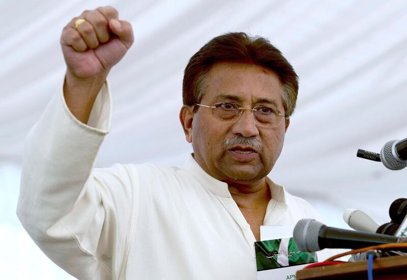 FILE - In this Monday, April 15, 2013 file photo, Pakistan's former President and military ruler Pervez Musharraf addresses his party supporters at his house in Islamabad, Pakistan. On Monday, Jan. 13, 2020, a Pakistani court, overturned the death sentence given to the country's ailing former dictator, saying a special court that last month convicted and sentenced Musharraf had been formed in violation of the law. (AP Photo/B.K. Bangash, File)
