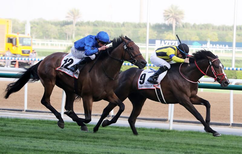 Christophe Lemaire guides Stay Foolish to victory in the Dubai Gold Cup. Pawan Singh / The National