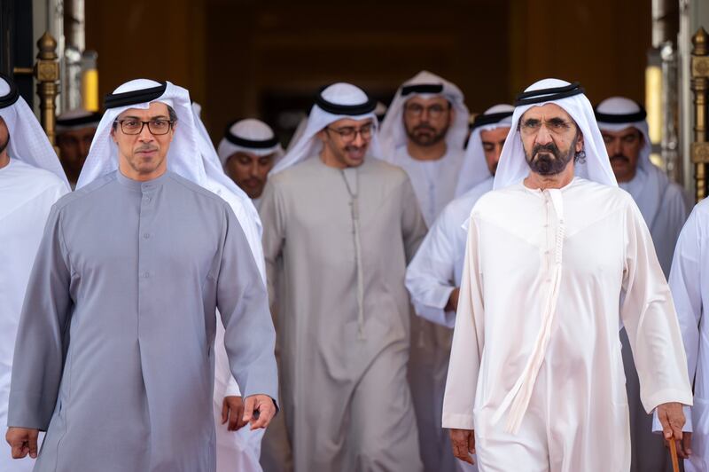 Sheikh Mohammed bin Rashid, Vice President and Ruler of Dubai, with Sheikh Mansour bin Zayed, Vice President, Deputy Prime Minister and Chairman of the Presidential Court, after the meeting's conclusion