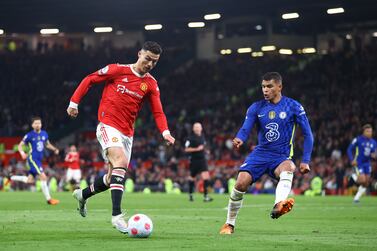 MANCHESTER, ENGLAND - APRIL 28: Cristiano Ronaldo of Manchester United tracked by Thiago Silva of Chelsea during the Premier League match between Manchester United and Chelsea at Old Trafford on April 28, 2022 in Manchester, England. (Photo by Michael Steele / Getty Images)