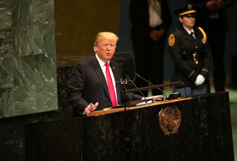 U.S. President Donald Trump speaks during the UN General Assembly meeting in New York, U.S., on Tuesday, Sept. 25, 2018. Trump will take aim at Iran over its nuclear program and ambitions in the Middle East in his second address to the United Nations General Assembly on Tuesday. Photographer: Jeenah Moon/Bloomberg