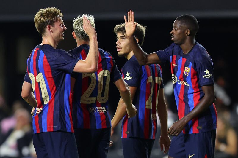 Ousmane Dembele celebrates with Frenkie de Jong after scoring Barcelona's sixth goal against Inter Miami. Getty
