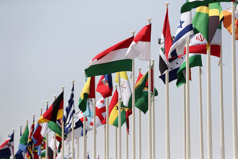 Flags of different countries placed at the Expo 2020 site in Dubai. Pawan Singh / The National