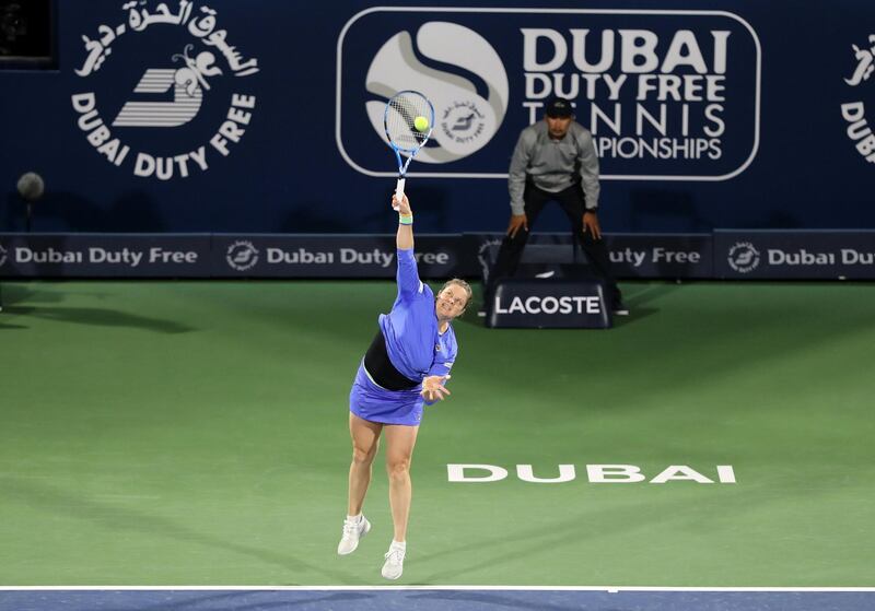 Dubai, United Arab Emirates - Reporter: John McAuley: Kim Clijsters makes her return in the game between Kim Clijsters and Garbi–e Muguruza in the Dubai Duty Free Tennis Championship. Monday, February 17th, 2020. Dubai Duty Free Tennis stadium, Dubai. Chris Whiteoak / The National