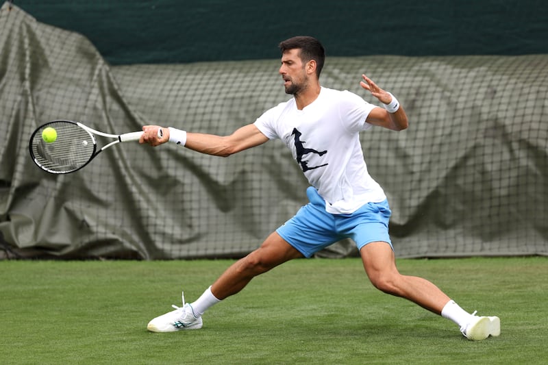 World No 2 Novak Djokovic practises ahead of Wimbledon. Getty