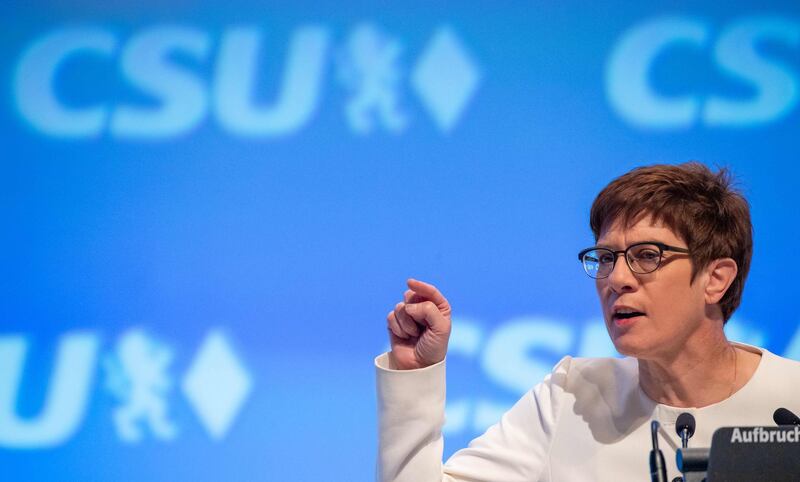 Leader of the Christian Democratic Union (CDU) and Defence Minister Annegret Kramp-Karrenbauer addresses the party congree of the Christian Social Union (CSU) on October 19, 2019 in Munich, southern Germany.  - Germany OUT
 / AFP / dpa / Peter Kneffel
