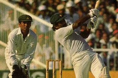 Javed Miandad’s last ball six against India at Sharjah on April 18, 1986. Photo: Pakistan Cricket Board