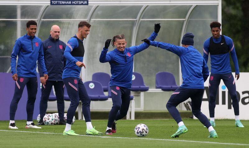 England's Kalvin Phillips, Ben White, Jude Bellingham and Marcus Rashford during training. Reuters