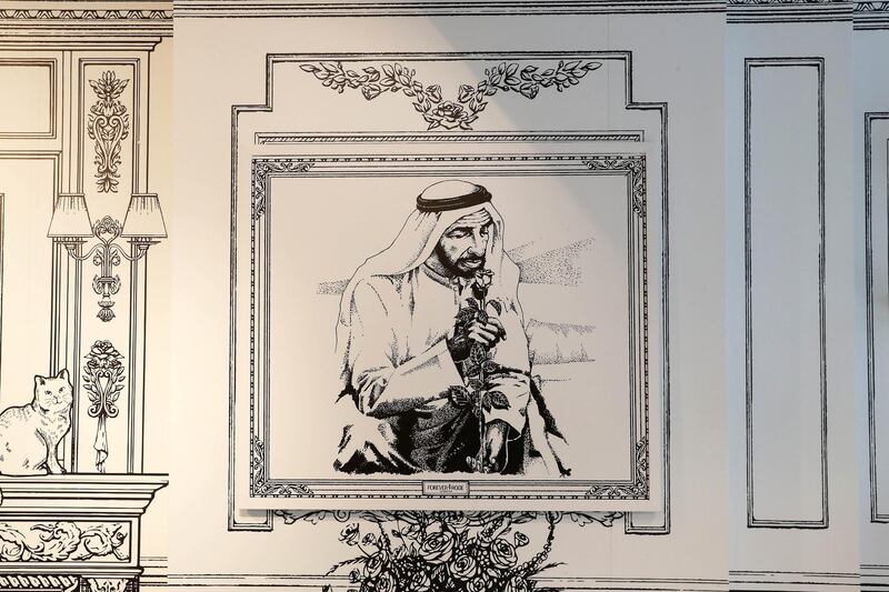 ABU DHABI, UNITED ARAB EMIRATES , Feb 11  – 2020 :- Inside view of the Forever Rose Café at The Galleria on Al Maryah Island in Abu Dhabi. 2D illustrations of the Sheikh Zayed bin Sultan Al Nahyan and other Sheikhs painted on the walls of the café.  (Pawan  Singh / The National) For Lifestyle. Story by Saeed