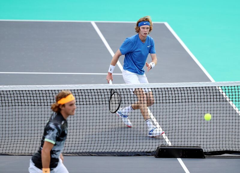 Abu Dhabi, United Arab Emirates - Reporter: Jon Turner: Andrey Rublev hits a shot during the match between Stefanos Tsitsipas v Andrey Rublev at the Mubadala World Tennis Championship. Thursday, December 19th, 2019. Zayed Sports City, Abu Dhabi. Chris Whiteoak / The National