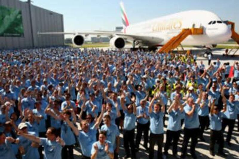 Emirates' new A-380 super jumbo jet is handed over today at a ceremony in Hamburg, Germany. At the same time the airline announced it had bought 60 new Airbus planes.