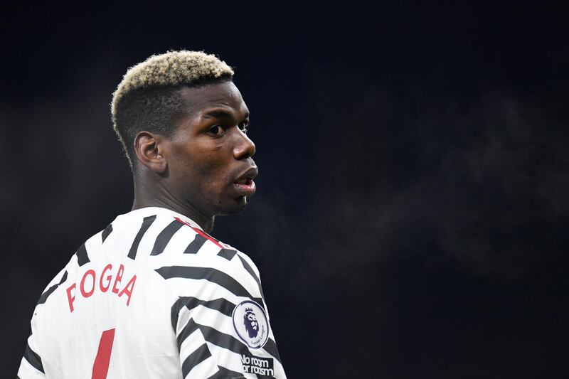 Manchester United's Paul Pogba of France reacts during the English Premier League soccer match between Burnley and Manchester United in Burnley, England, Tuesday, Jan. 12, 2021. Manchester won the match 1-0 with a goal by Pogba (Peter Powell/Pool via AP)